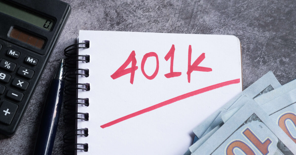 401k word on notepad with calculator and coins