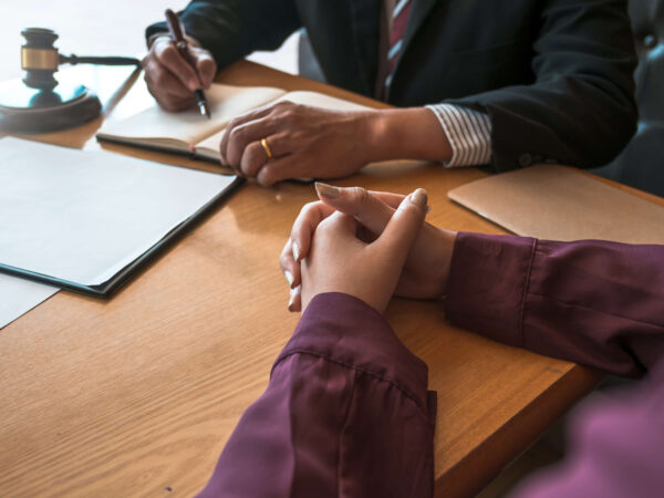 Lawyer working on a desk with client