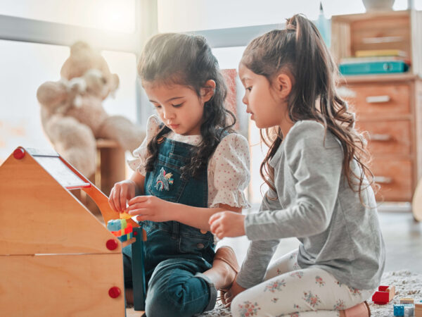 Two girls playing with their toys