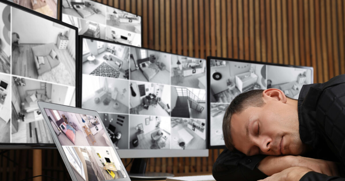 Tired security sleeping during a shift