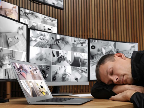 Tired security sleeping during a shift