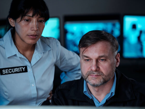 Security wards checking security cameras