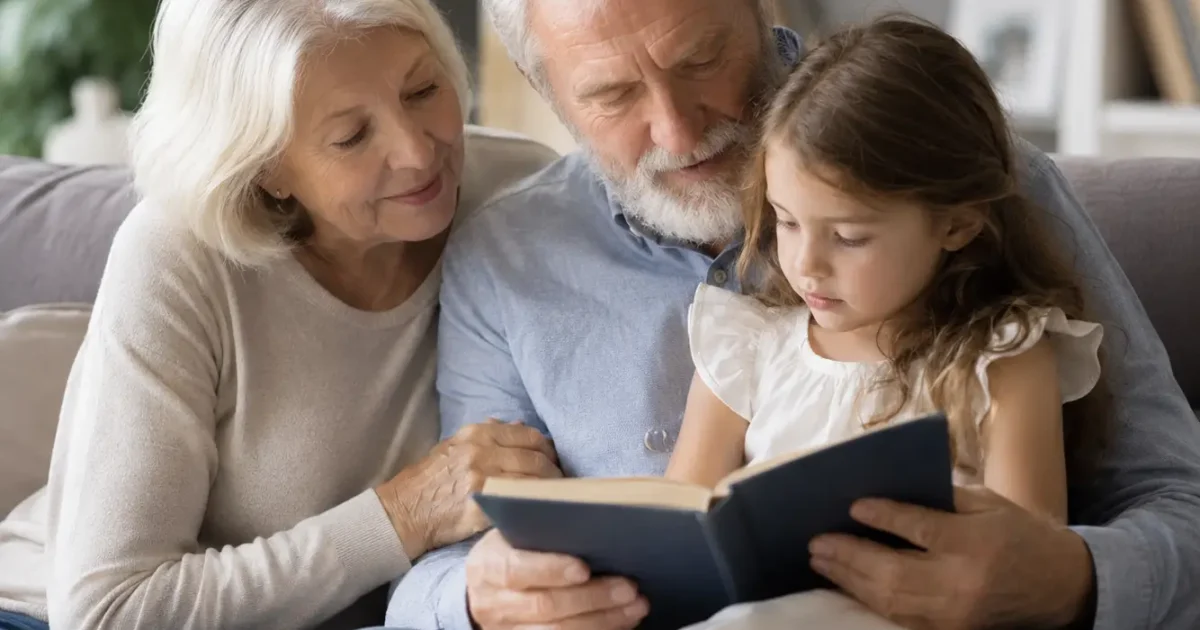 Family reading time on the couch