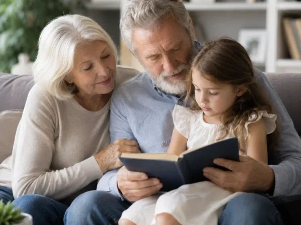 Family reading time on the couch