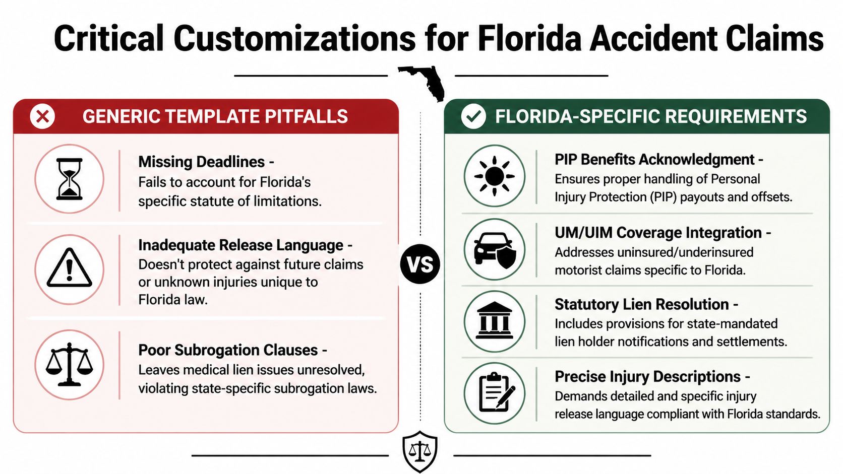 A comparison chart outlining common mistakes in generic accident templates versus specific requirements for Florida auto insurance claims.
