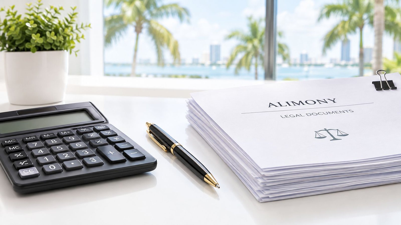 A calculator and pen resting beside a stack of legal documents titled Alimony on a white desk.