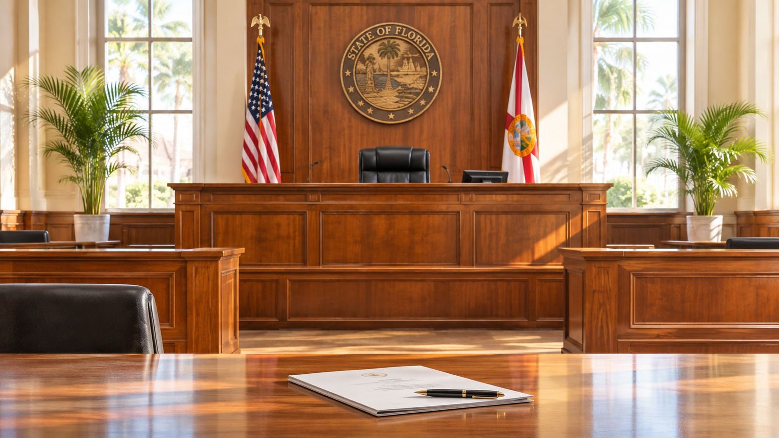 A professional view inside a Florida courtroom featuring wooden benches, legal documents, and state flags.