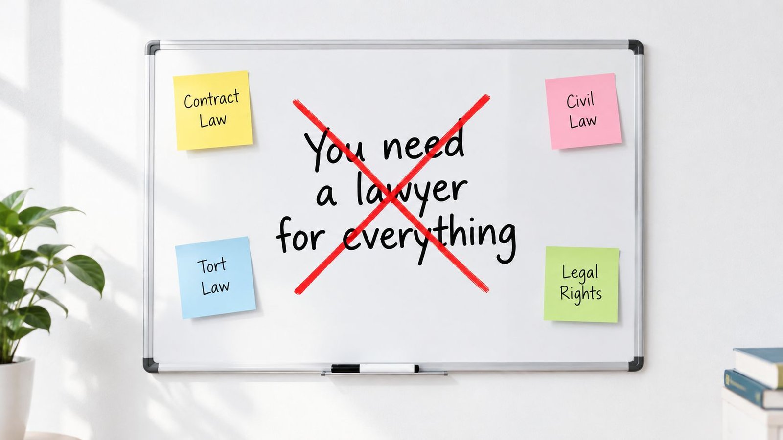 A whiteboard with post-it notes about law areas and a red cross over the phrase You need a lawyer for everything.
