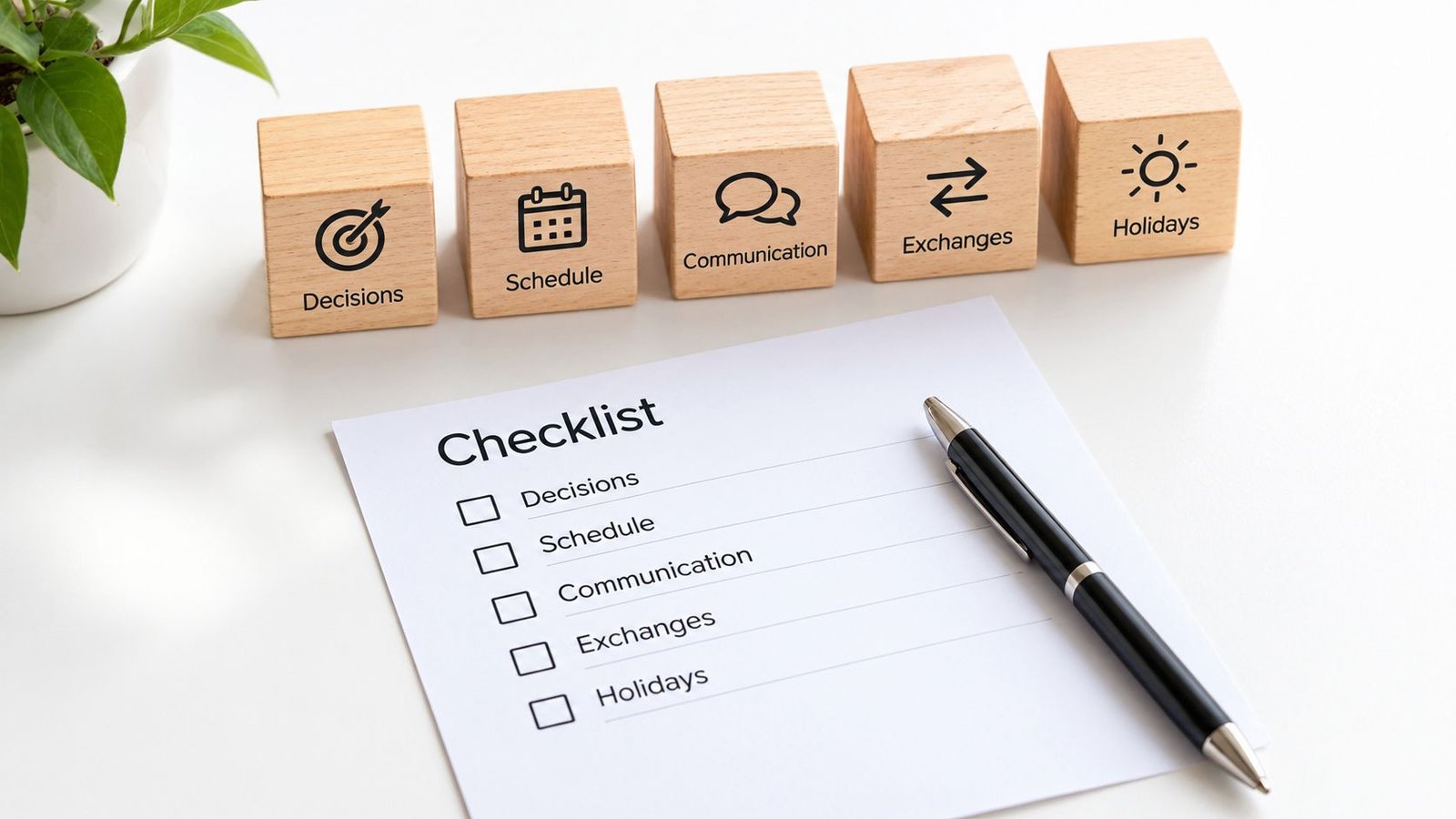 A checklist about parenting plan components with wooden blocks on a white table next to a pen.