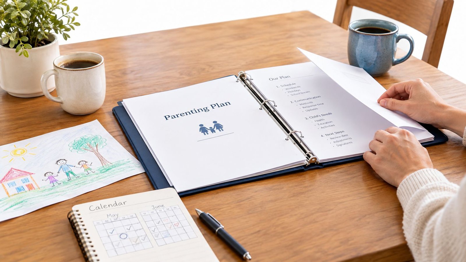 A person reviewing a parenting plan document at a desk with a calendar and a child's drawing.